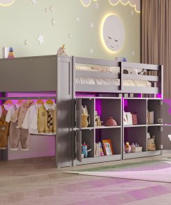 Twin Size Low Loft Bed With Shelves, Storage Headboard, and Stair