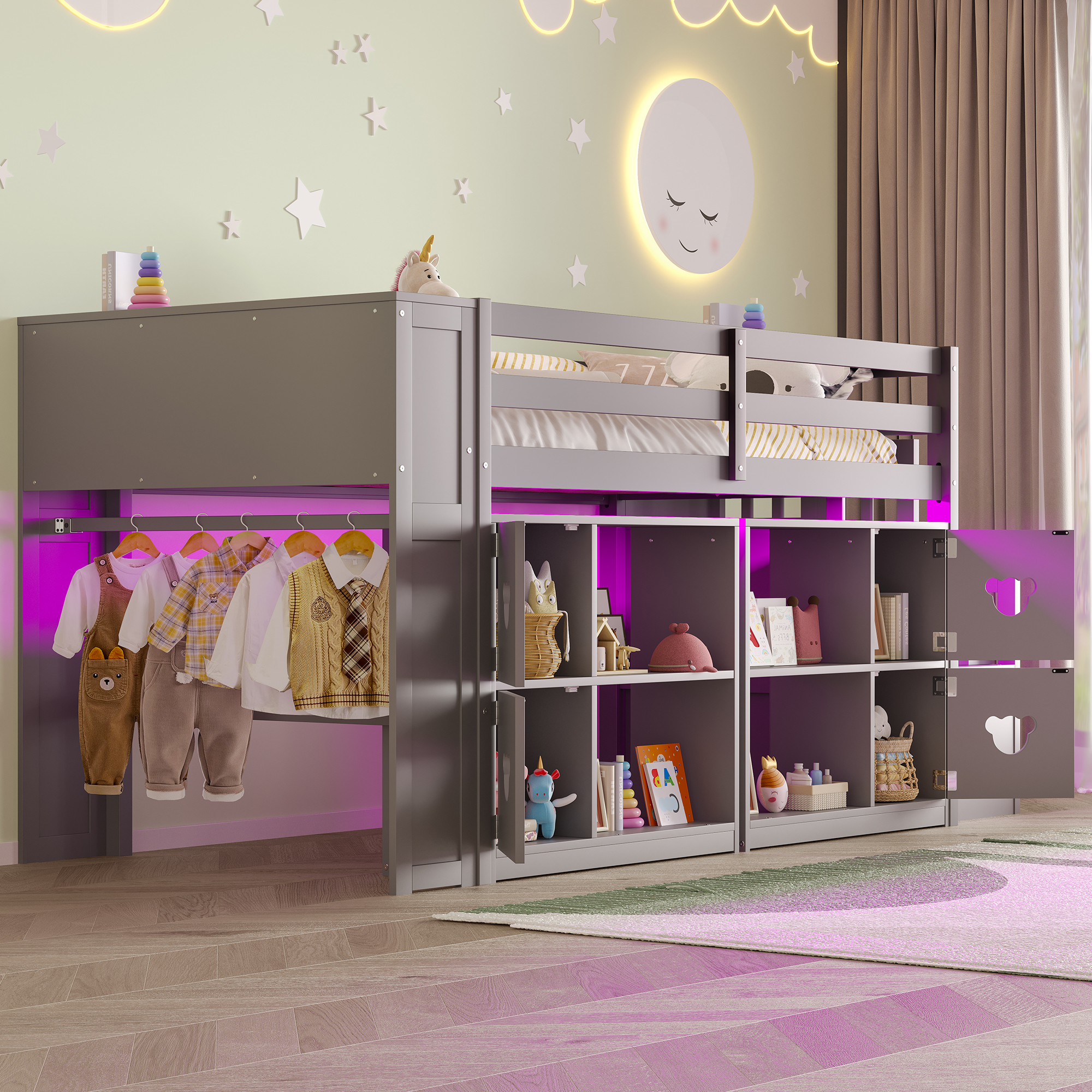 Twin Size Low Loft Bed With Shelves, Storage Headboard, and Stair