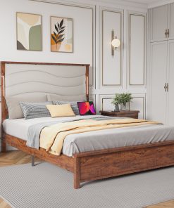Wood Queen Size Bed Frame with Upholstered Headboard