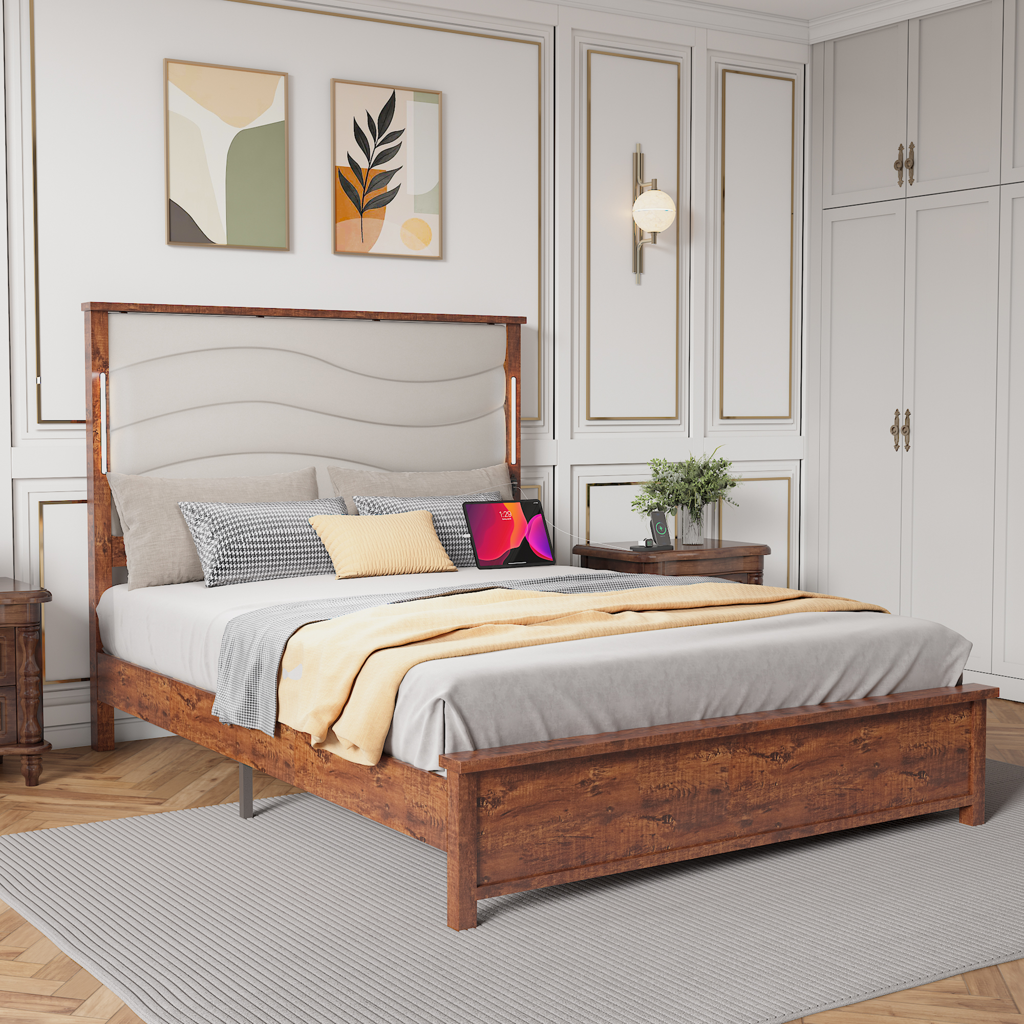 Wood Queen Size Bed Frame with Upholstered Headboard