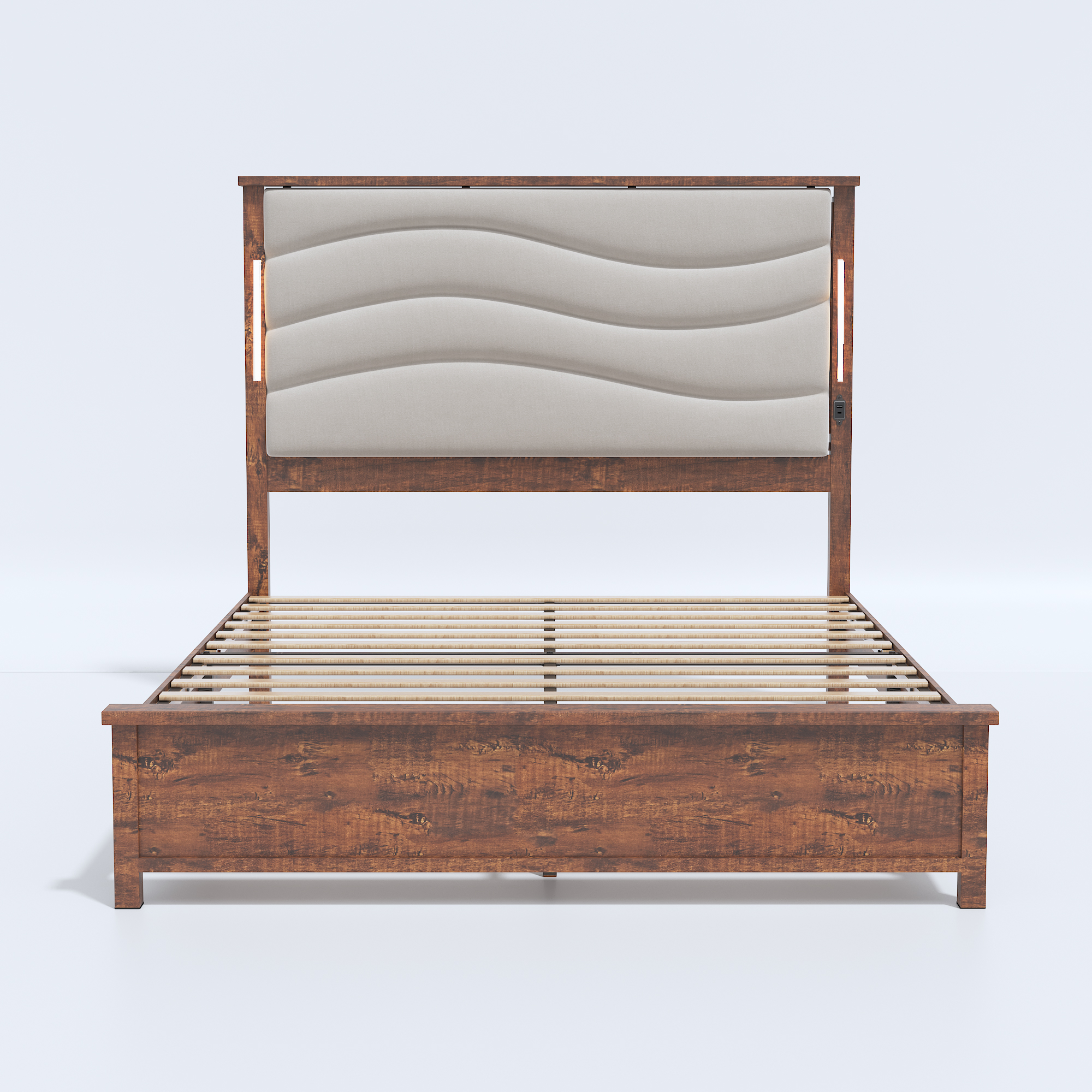 Wood Queen Size Bed Frame with Upholstered Headboard