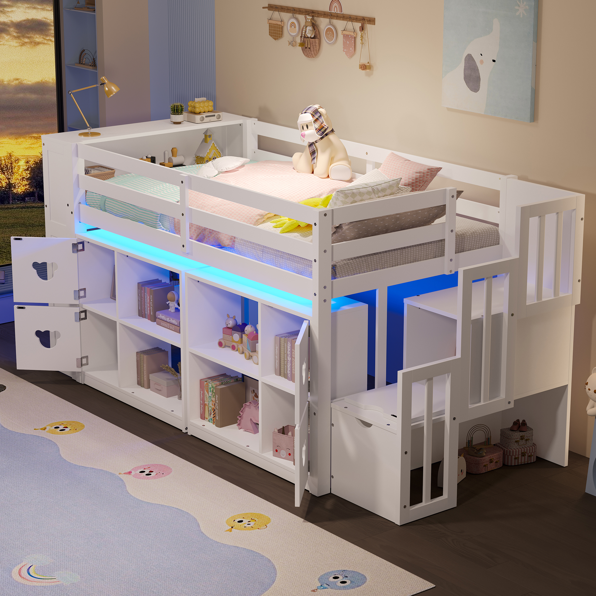Twin Size Low Loft Bed With Shelves, Storage Headboard, and Stair