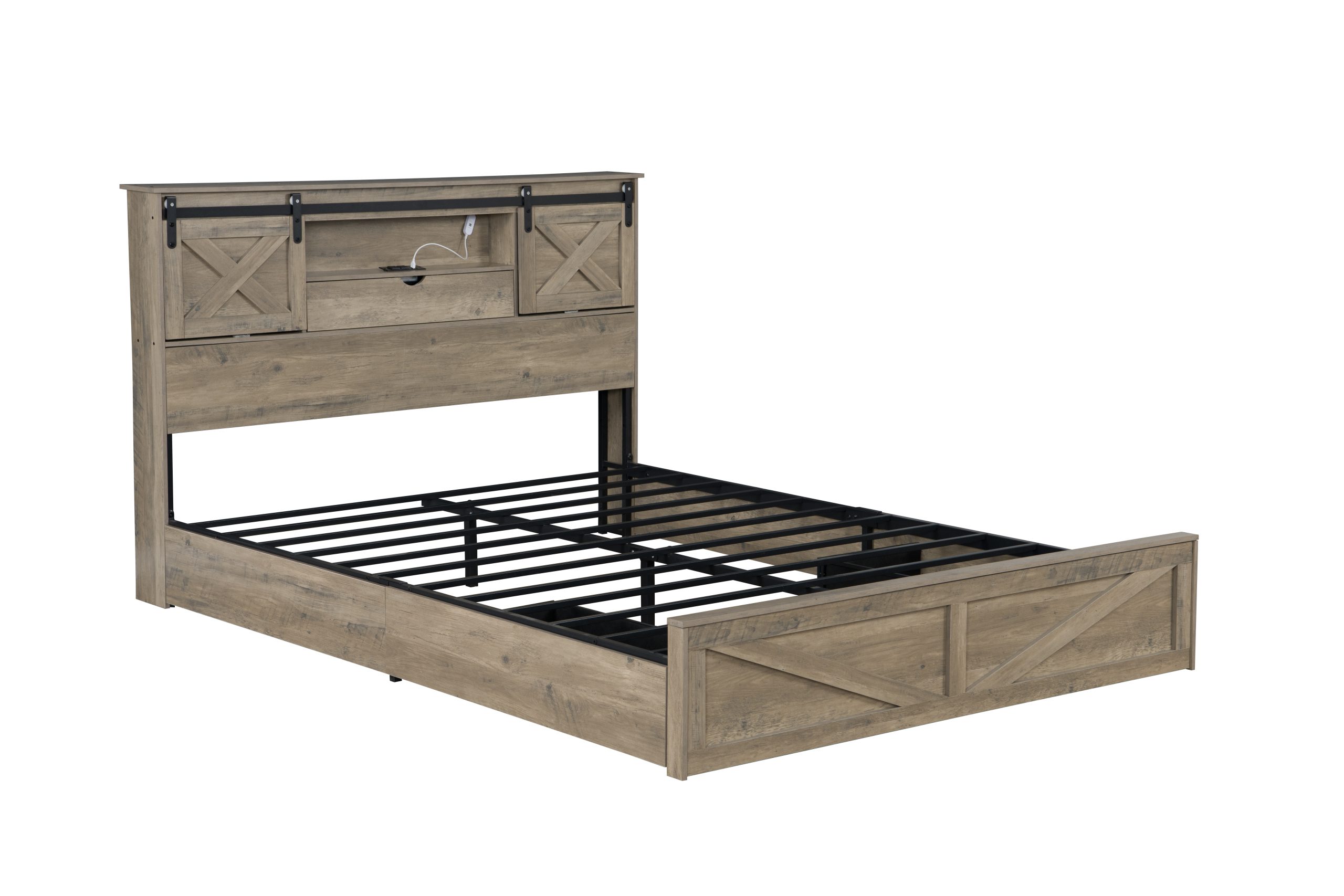 King Size Farmhouse Bed With LED Lights And Charging Station