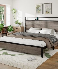 Wooden Platform Bed Frame With Storage LED Light Headboard