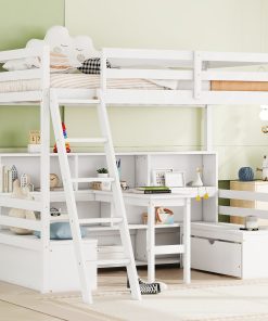 Twin Loft Bed With Storage Shelves, Drawers, Seat and Desk