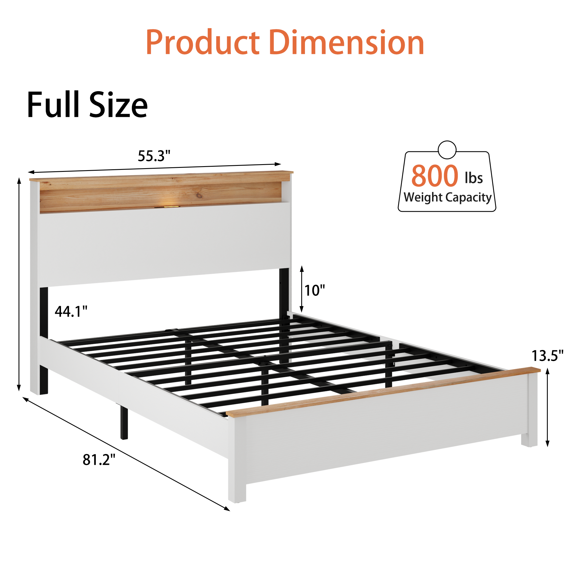 Full Wooden Bed Stand With Charging Station Storage Headboard