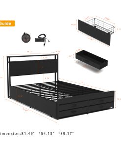Full Size Bed Frame with 8 Storage Drawers, LED Headboard