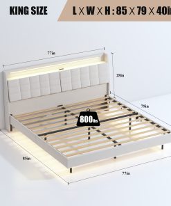 King Floating Bed Frame with LED Light and Charging Station