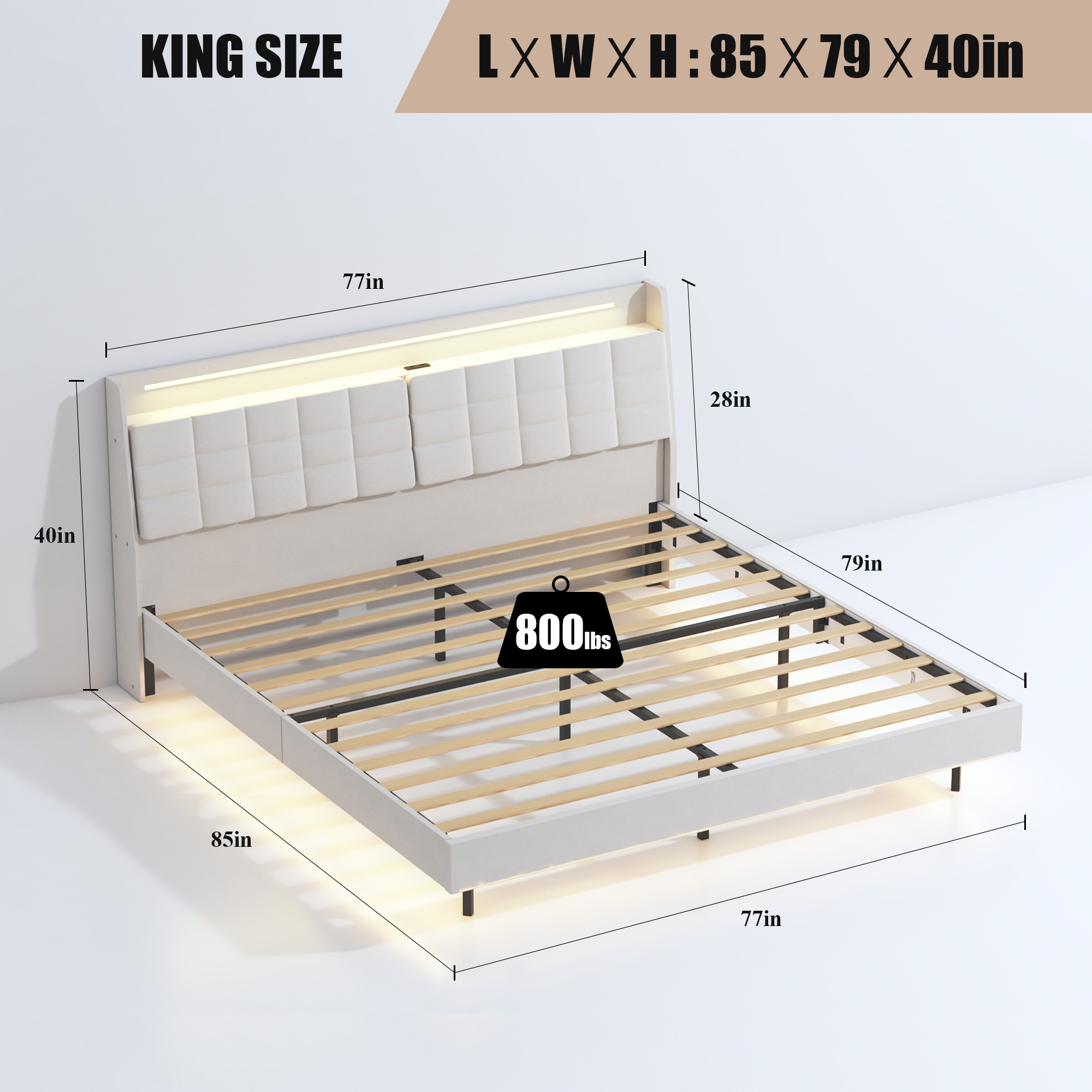 King Floating Bed Frame with LED Light and Charging Station