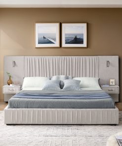 Queen Size Upholstered Bed Frame With Chenille Fabric with Pleated Design