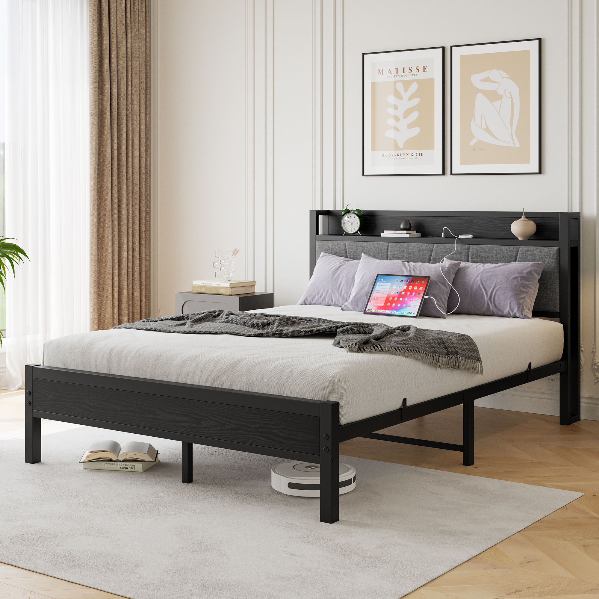 Metal & Wood Queen Size Platfrom Bed Frame