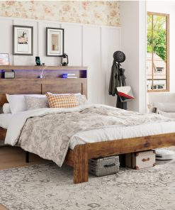 Queen Size Wood Platform Bed Frame With Storage LED Light Headboard
