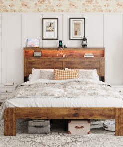 Queen Size Wood Platform Bed Frame With Storage LED Light Headboard
