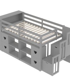 Twin Size Low Loft Bed With Shelves, Storage Headboard, and Stair