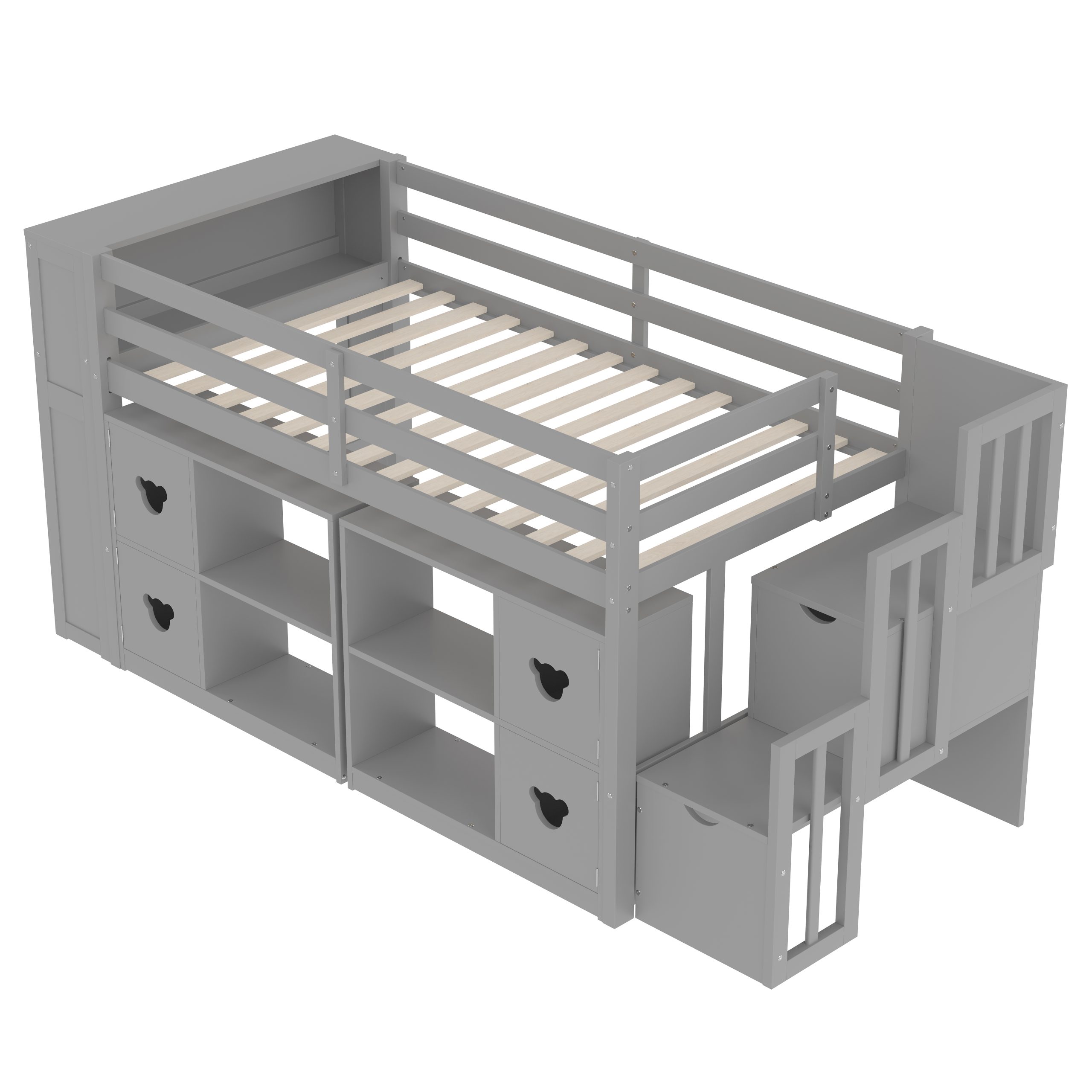 Twin Size Low Loft Bed With Shelves, Storage Headboard, and Stair