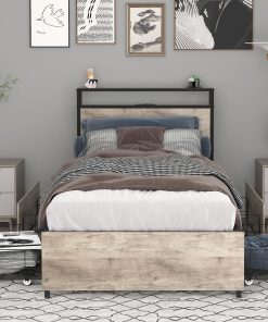 Solid and Stable Twin Bed Frame with Storage Headboard
