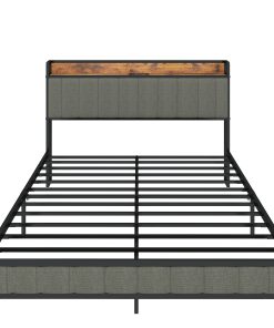 Full Size Bed Frame with Charging Station, Upholstered Headboard