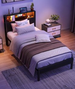 Metal Twin Size Bed Frame With Storage Headboard