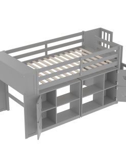 Twin Size Low Loft Bed With Shelves, Storage Headboard, and Stair