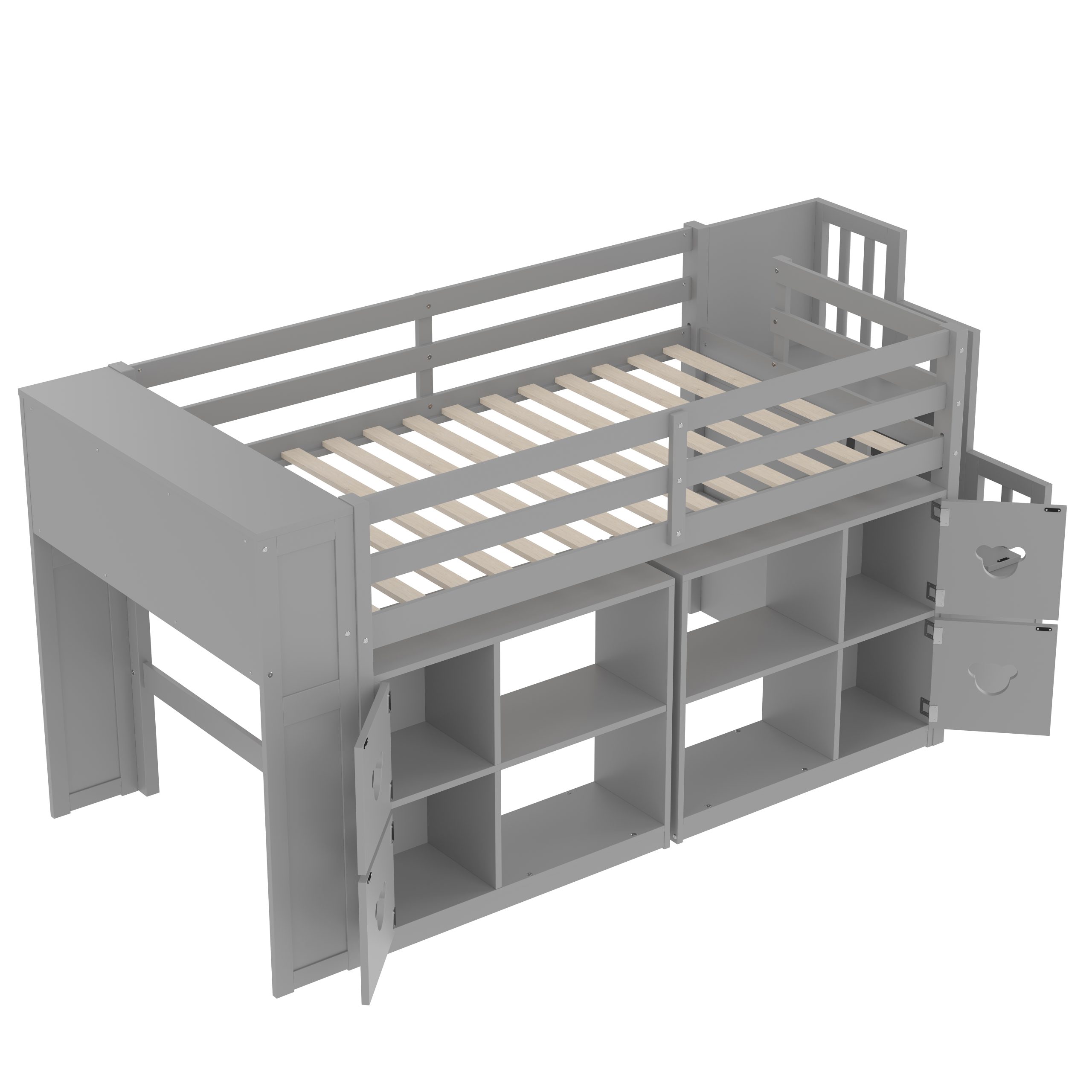 Twin Size Low Loft Bed With Shelves, Storage Headboard, and Stair