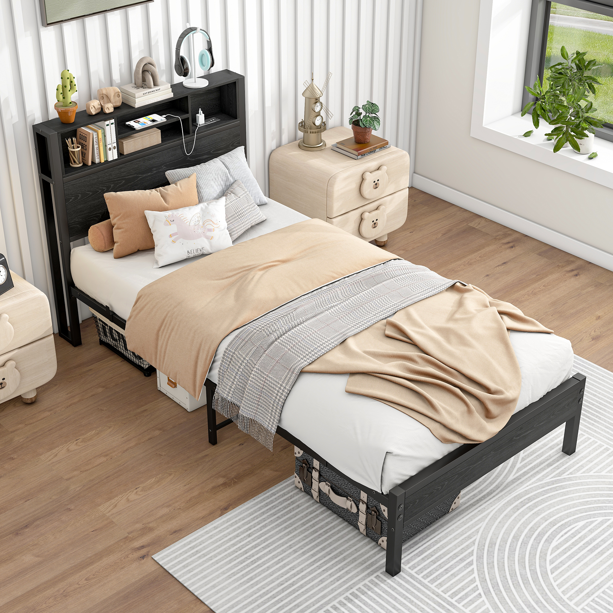 Twin Size Bed Frame With Storage Headboard