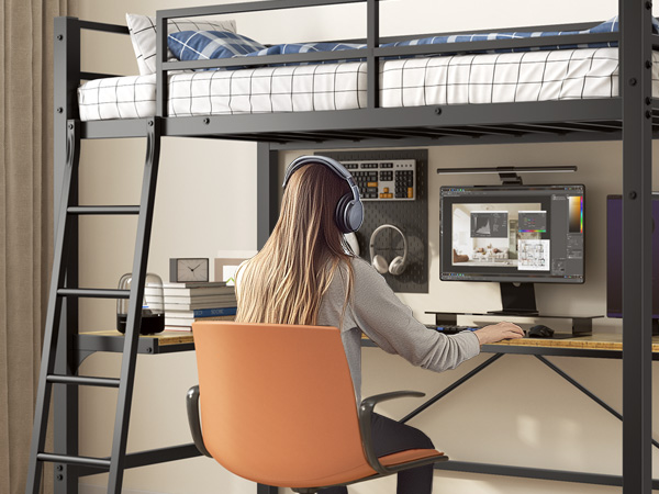 Twin Metal Loft Bed with L-Shaped Desk