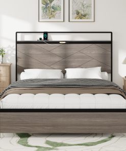 Wooden Platform Bed Frame With Storage LED Light Headboard And USB