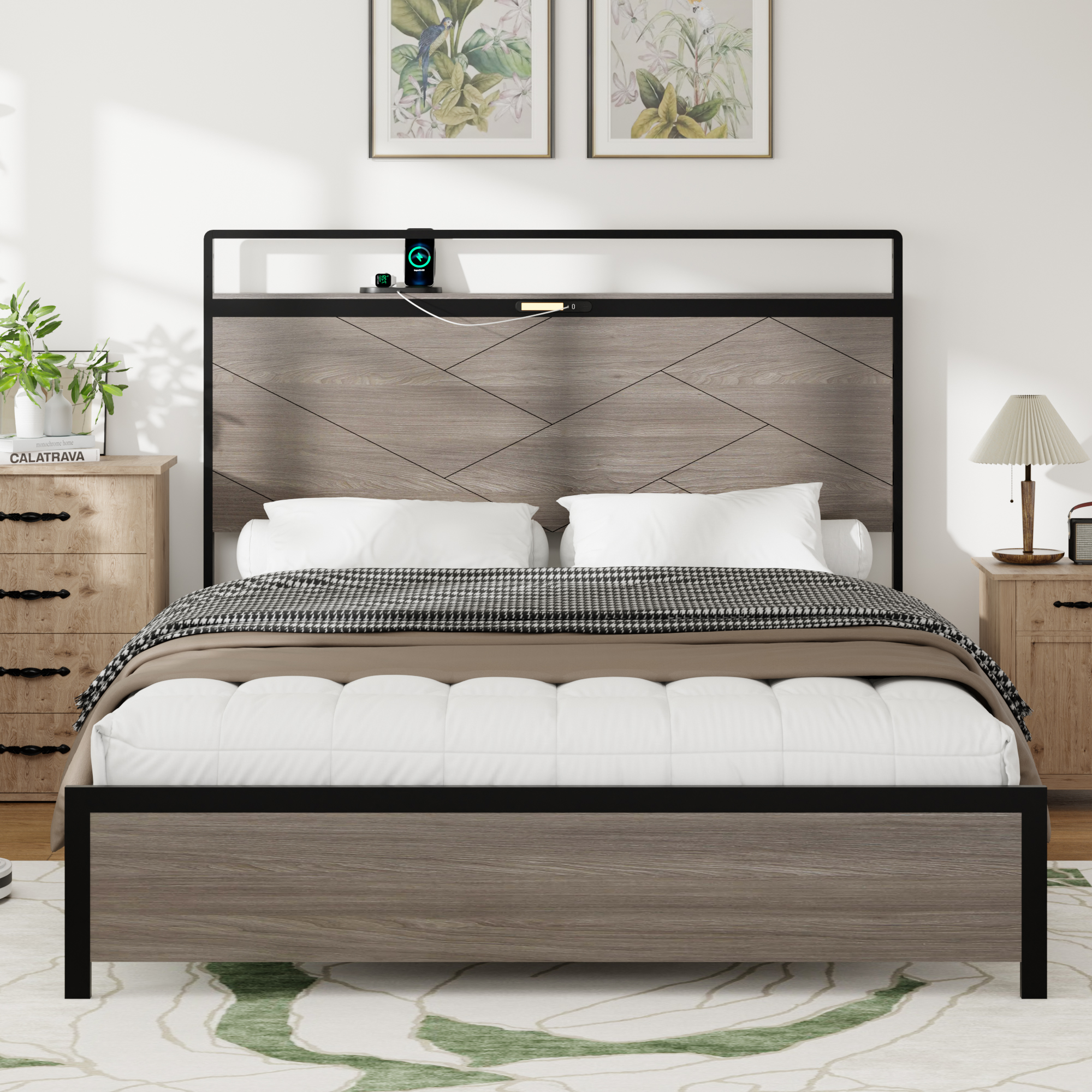 Wooden Platform Bed Frame With Storage LED Light Headboard And USB