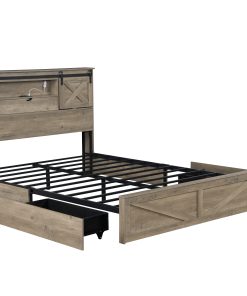 King Size Farmhouse Bed With LED Lights And Charging Station