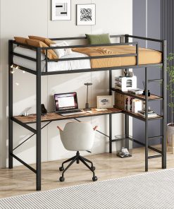 Twin Size Loft Bed with L Shaped Desk and Shelves