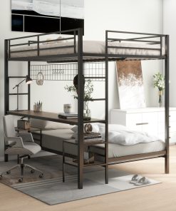 Ethan Full Over Twin Bunk Bed with Desk, Charging Station and Storage Shelves