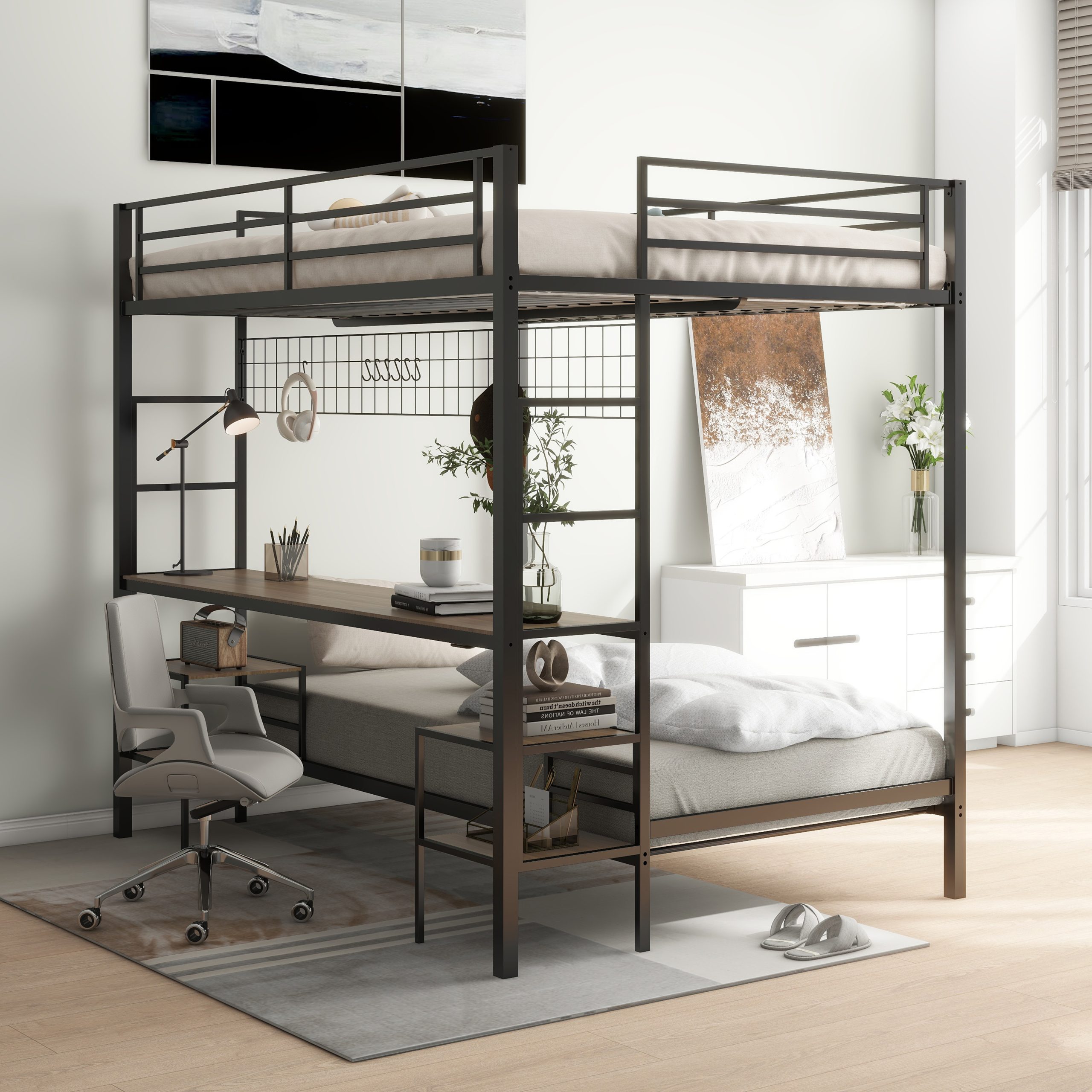 Ethan Full Over Twin Bunk Bed with Desk, Charging Station and Storage Shelves