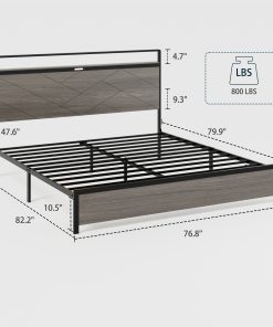 Wooden Platform Bed Frame With Storage LED Light Headboard