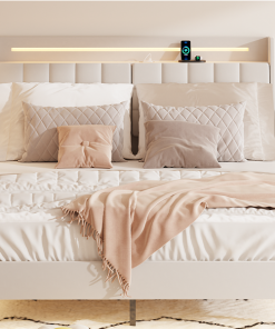 Queen Floating Bed Frame with LED Light and Charging Station
