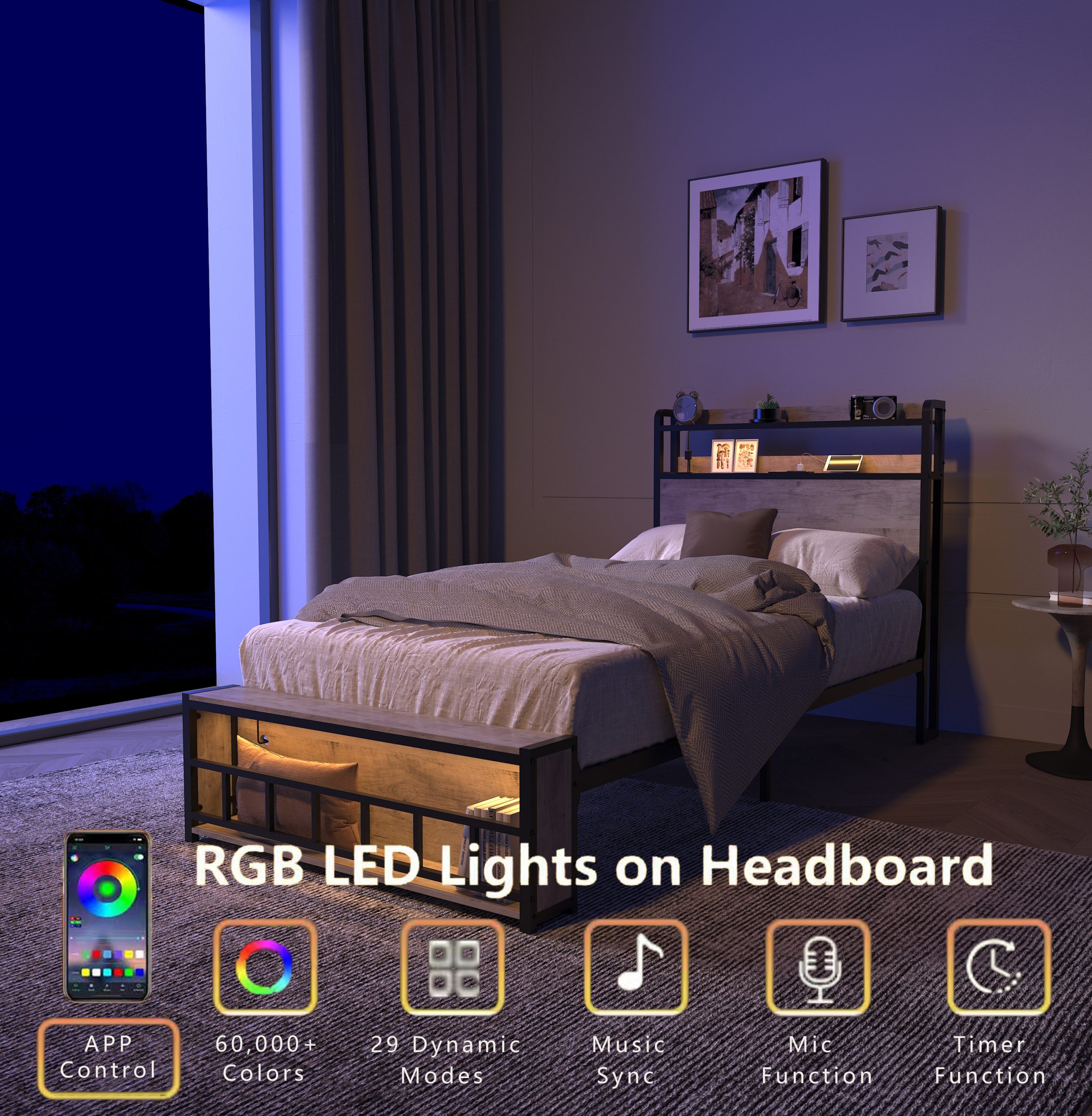 Twin Bed Frames with Charging Station and LED Light