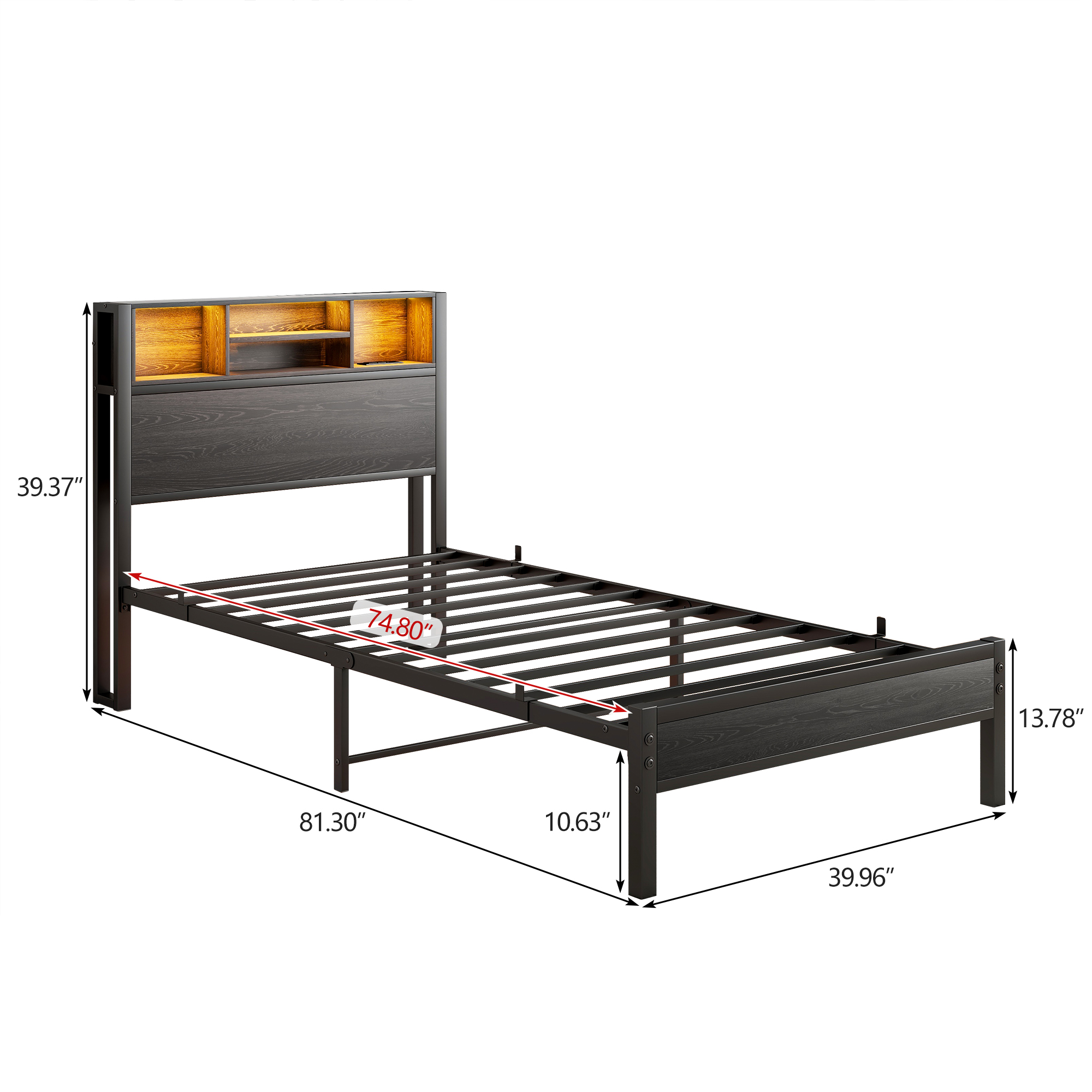 Metal Twin Size Bed Frame With Storage Headboard