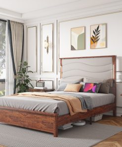 Wood Queen Size Bed Frame with Upholstered Headboard