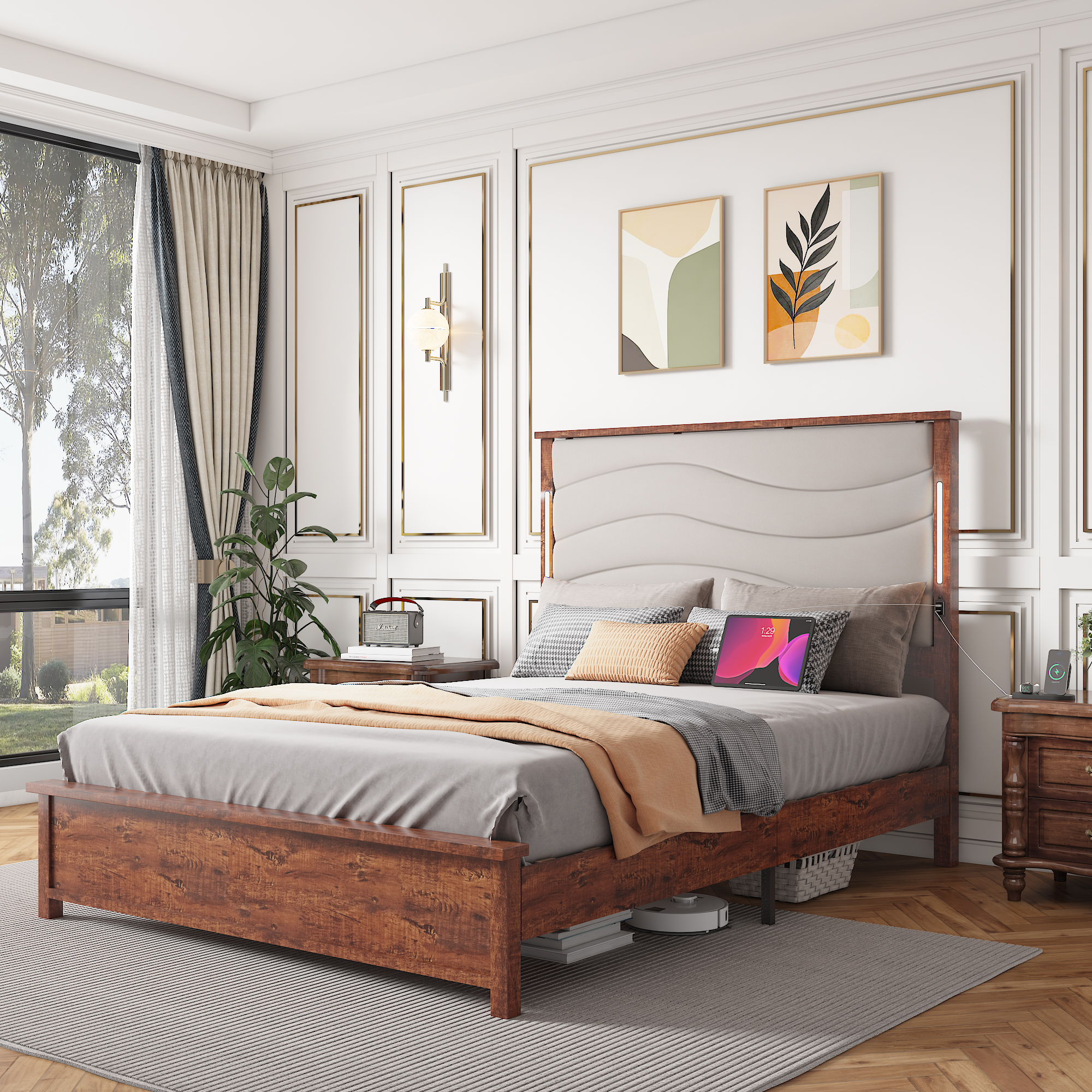 Wood Queen Size Bed Frame with Upholstered Headboard