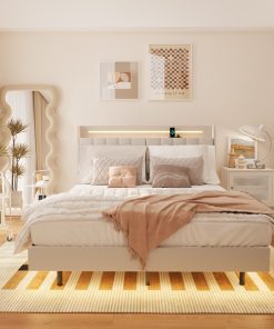 Full Floating Bed Frame with LED Light and Charging Station