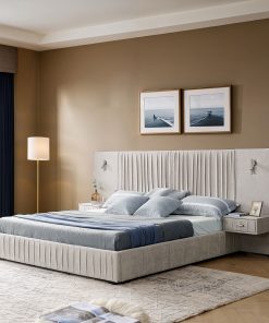 Queen Size Upholstered Bed Frame With Chenille Fabric with Pleated Design