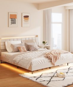 King Floating Bed Frame with LED Light and Charging Station