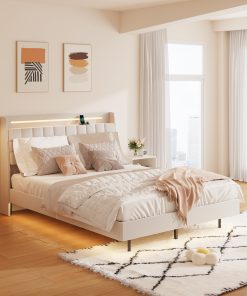 Queen Floating Bed Frame with LED Light and Charging Station