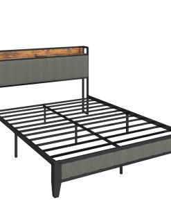 Full Size Bed Frame with Charging Station, Upholstered Headboard