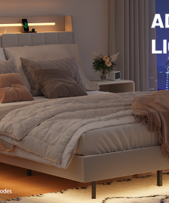 Queen Floating Bed Frame with LED Light and Charging Station