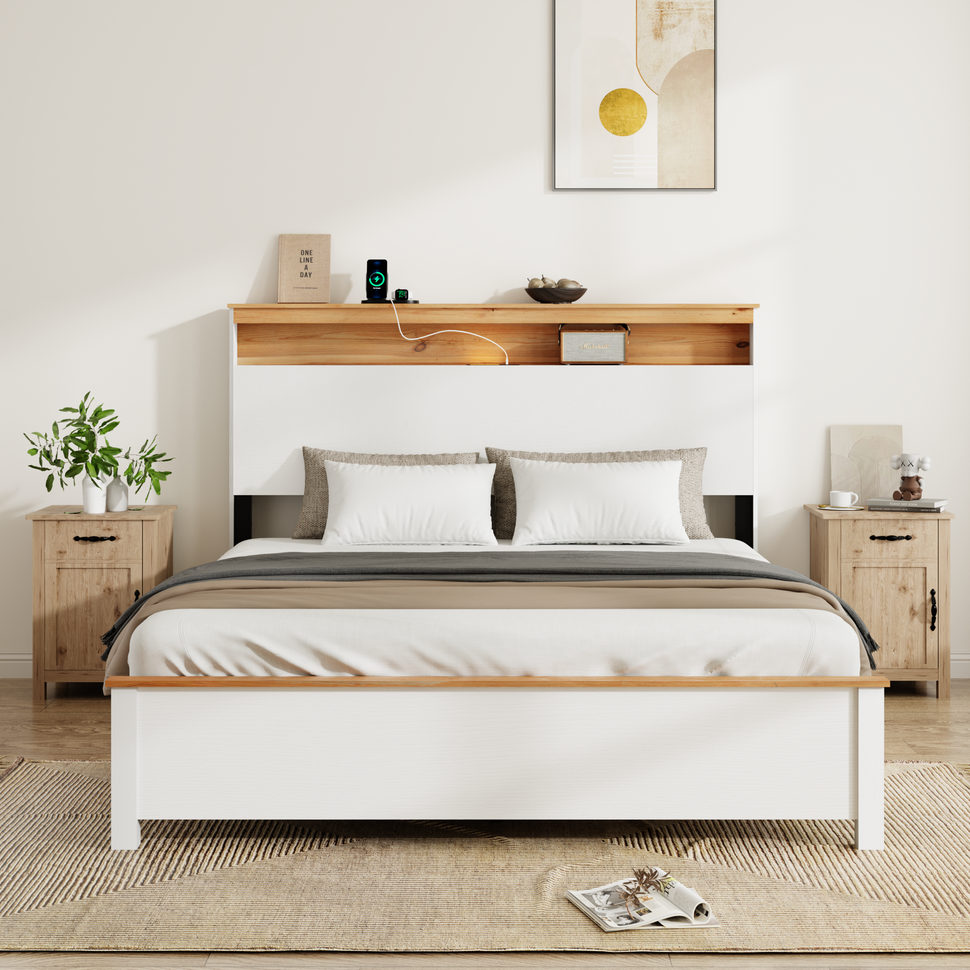 Full Wooden Bed Stand With Charging Station Storage Headboard