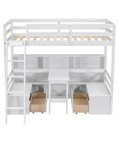 Twin Loft Bed With Storage Shelves, Drawers, Seat and Desk