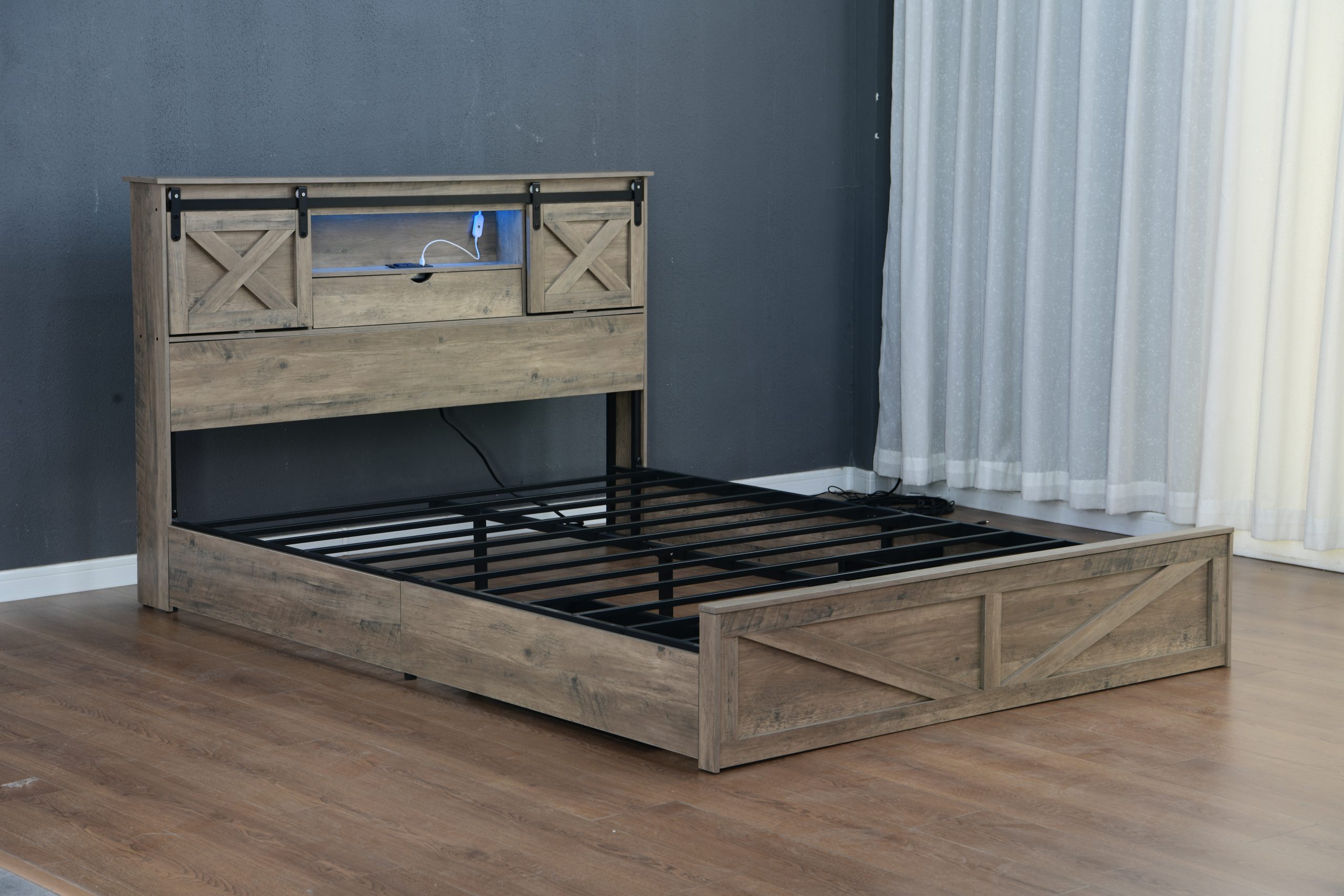 King Size Farmhouse Bed With LED Lights And Charging Station