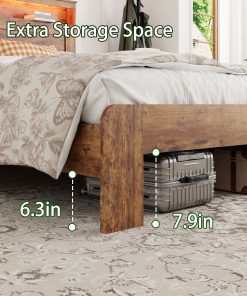 Queen Size Wood Platform Bed Frame With Storage LED Light Headboard