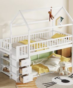 Twin over Twin House Bunk Bed With Shelves and Drawers