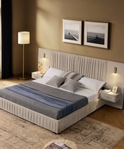 Queen Size Upholstered Bed Frame With Chenille Fabric with Pleated Design